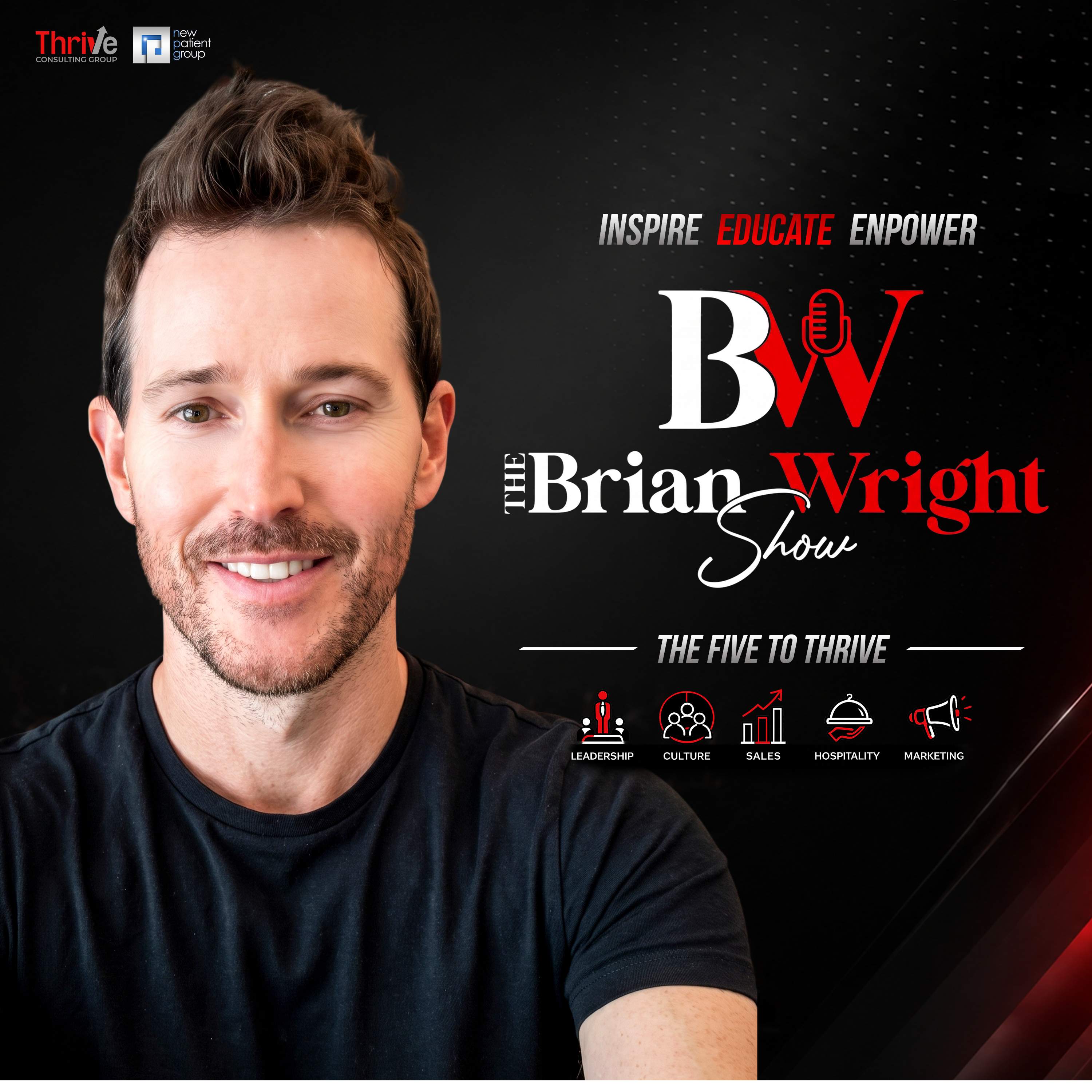 The Brian Wright Show podcast cover art — Inspire, Educate, Empower. The Five to Thrive: Leadership, Culture, Sales, Hospitality, Marketing.